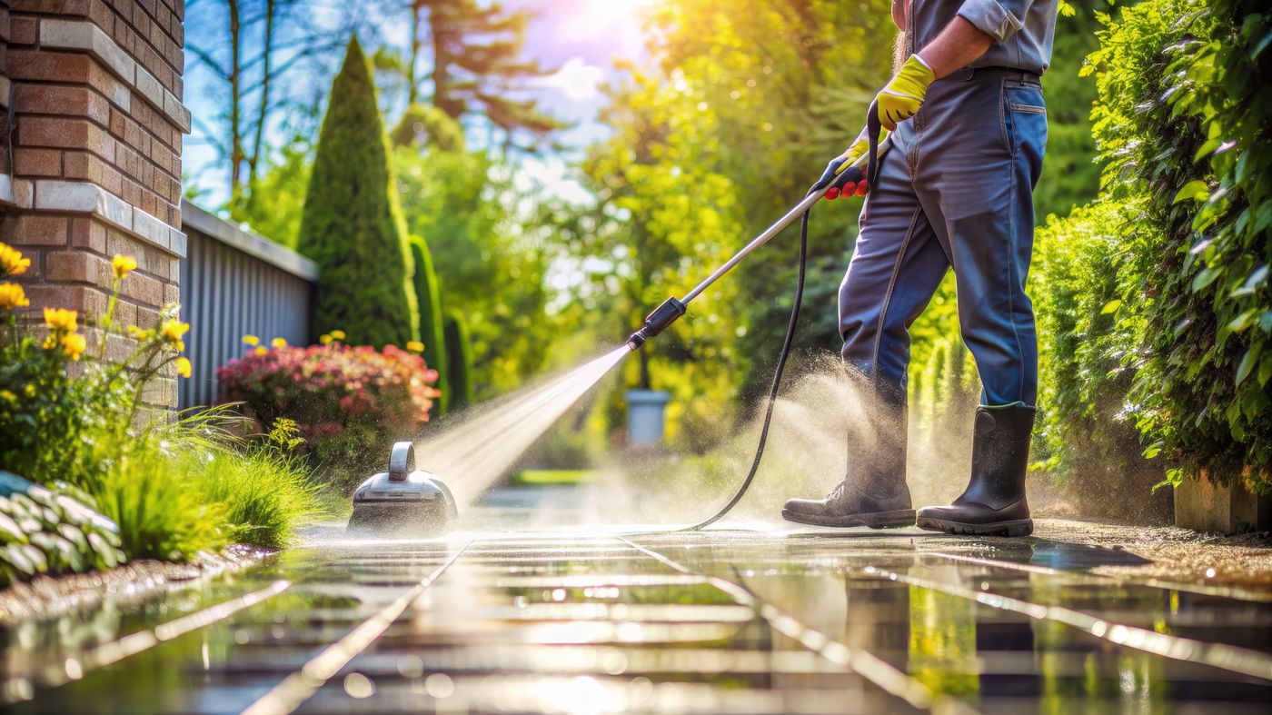 Pressure washing a driveway in the sun